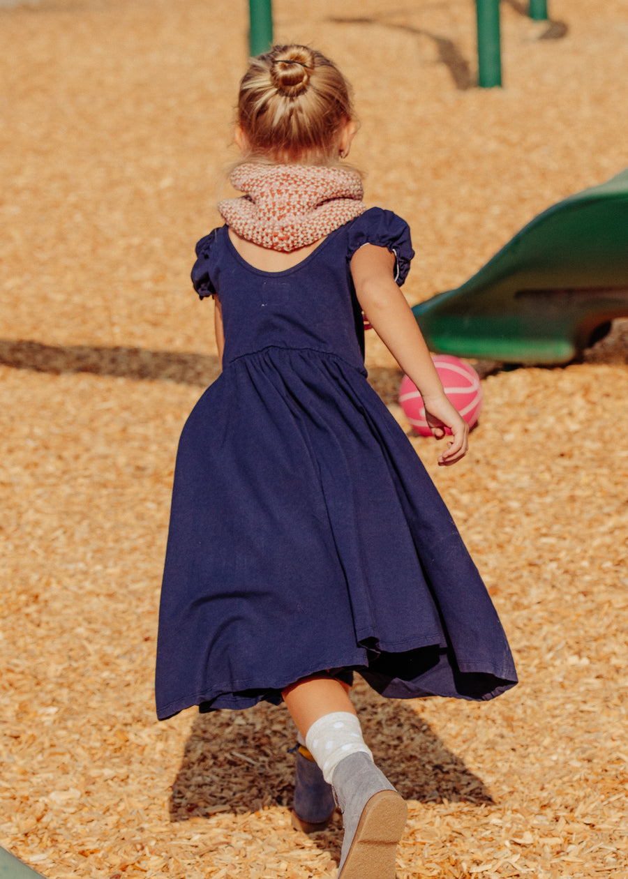 Navy Blue Cotton Girls Children's Short Sleeve Dress Ruffle Cap Sleeve Sizes 2 - 8 L.A.