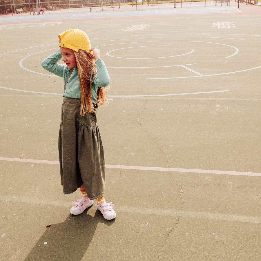 Green Children's Ankle Length Skirt Adjustable Straps Pockets Bow 100% Cotton
