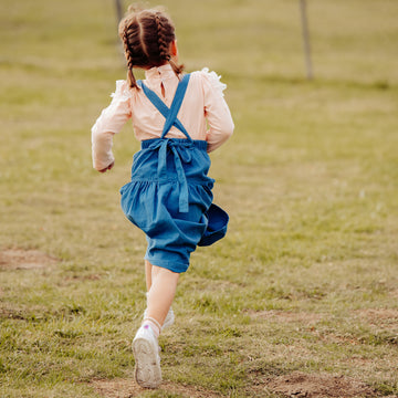 Blue Children's Ankle Length Skirt Adjustable Straps Pockets Bow 100% Cotton