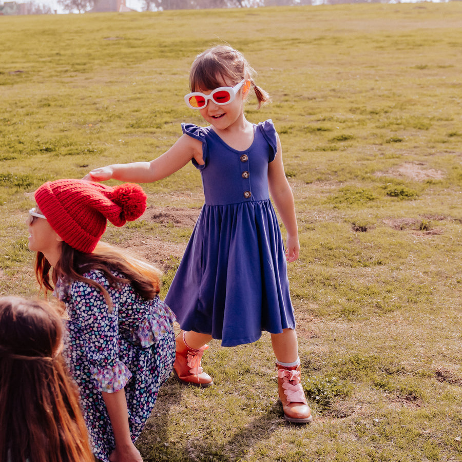 Blue Cap Sleeve Girls Children's Dress Marble Button Accents Size 2-8