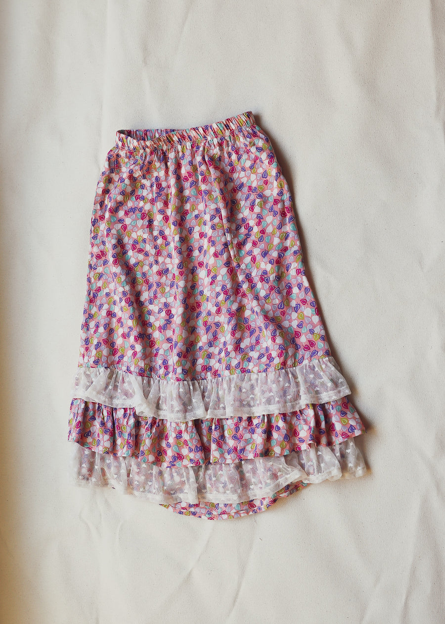 Pink Floral Girls Childrens Full Length Skirt Double Ruffle Accents 100% Cotton Size 2-8
