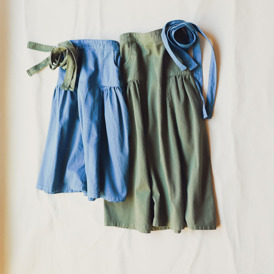 Blue Children's Ankle Length Skirt Adjustable Straps Pockets Bow 100% Cotton