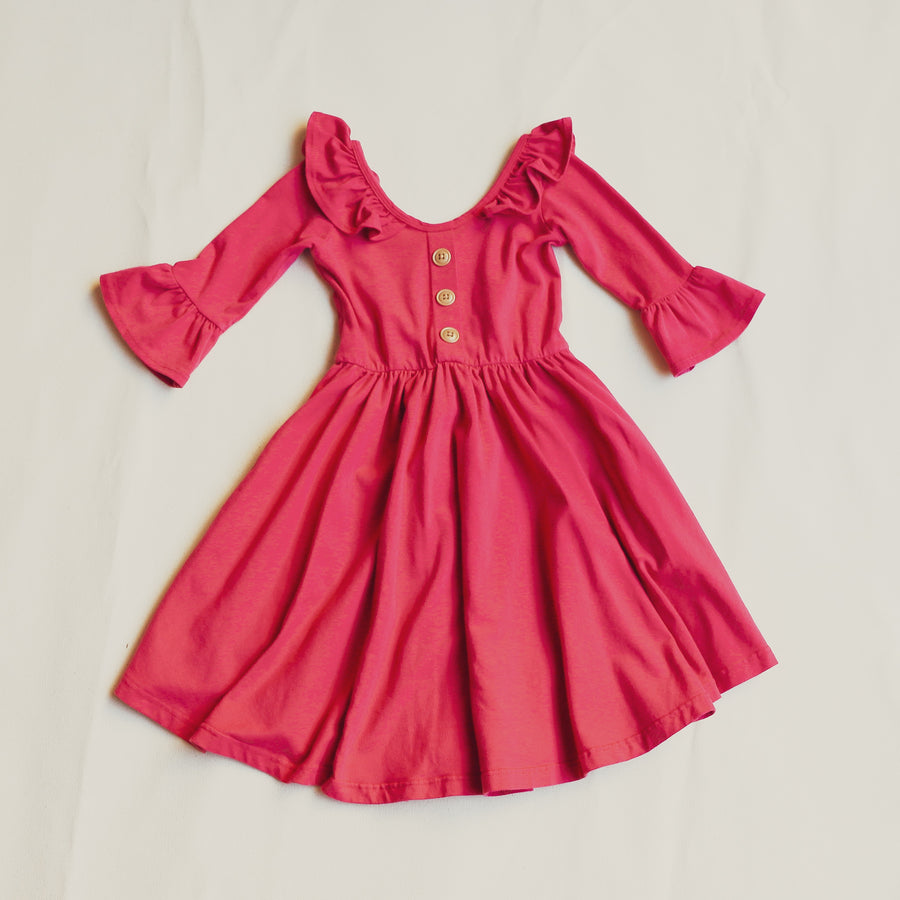Ruffle Sleeve Long-Sleeve Girls Dress available in sizes 18 months to 8 Hot Pink