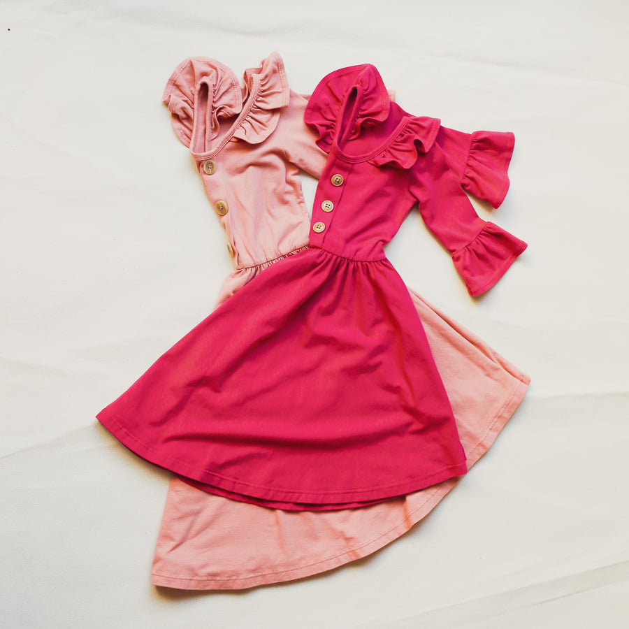 Fun Flowy Pink L.A. Made Long-Sleeve Girls Dress available in sizes 18 months to 8